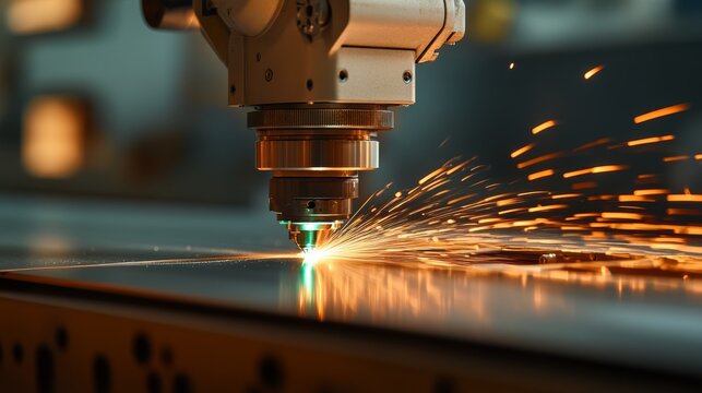 Laser cutting action industrial workshop manufacturing process high-tech environment close-up view precision engineering