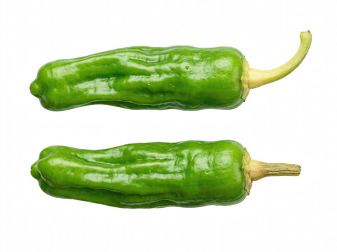 Two fresh green shishito peppers on dark surface