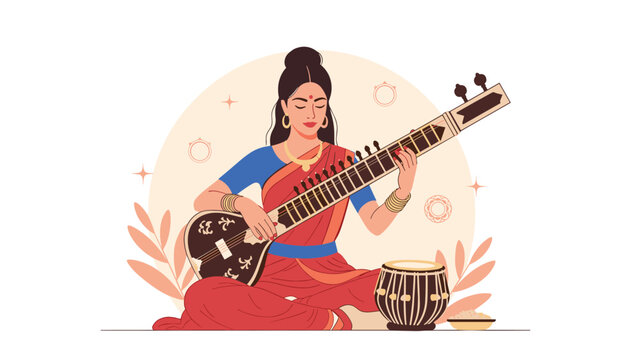 Beautiful Indian woman in traditional red saree plays the sitar and tabla instruments in a serene cultural musical performance.