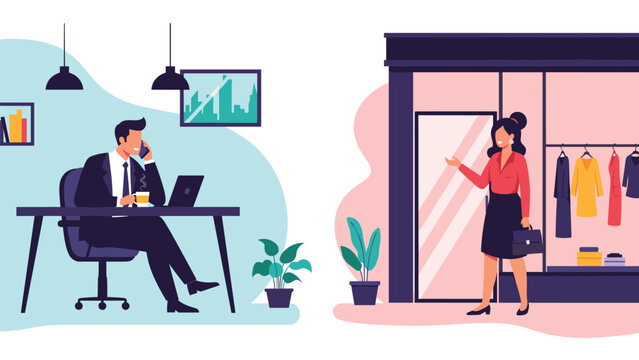 Comparison of a businessman working in a modern office and a woman shopping for new dresses at a stylish fashion boutique.