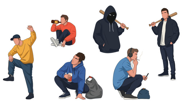 Group of young men in various casual and rebellious poses including drinking, smoking, and holding baseball bats as hoodlum types.