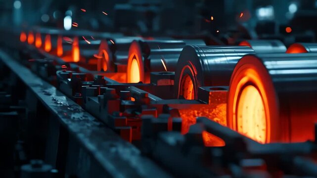 Iron foundry with continuous casting machine producing steel billets moving through pipeline in modern steel manufacturing technology concept