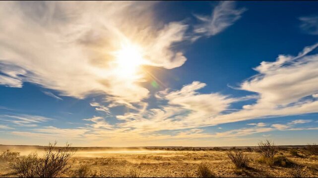 Low angle timelapse sun on blue sky concept. Bright sunny desert landscape with dry bushes under blue sky and scattered clouds