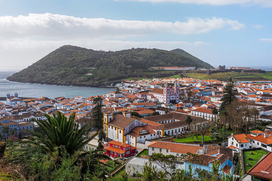 Angra do Heroismo, Terceira Island, Azores, Portugal. Monte Brasil, old houses, many famous buildings: Holy Saviors Cathedral, S&atilde;o Jo&atilde;o Baptista fort, palace dos Capit&atilde;es Generais. Beautiful cityscape