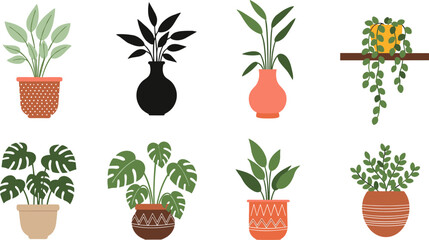 Cute Potted Houseplants Icon Set with Indoor Plants, Greenery in Decorative Pots, Botanical Home Decorations, Minimalist Plant Illustrations, and Vector Designs © Saidi