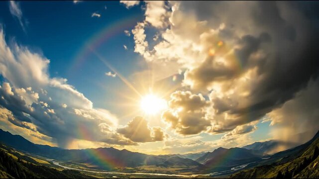 Low angle timelapse sun on blue sky concept. Stunning mountain landscape with dramatic clouds sun rays and rainbows over river valley