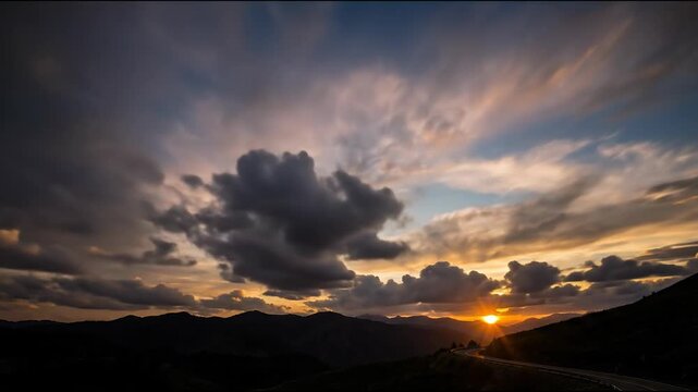 Low angle timelapse sun on blue sky concept. Stunning sunset over mountain road with dramatic clouds and vibrant sky colors