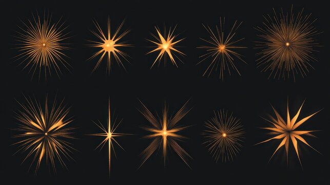 Collection of golden starburst effects on black background.