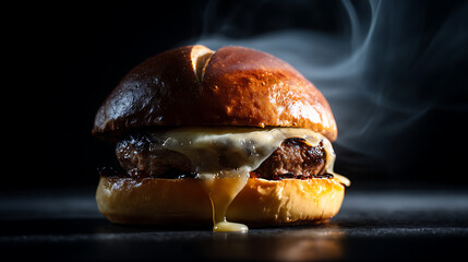Melted cheese burger with a brioche bun, hot and fresh, steam rises from the grilled patty against a dark background, studio shot