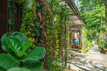 Obraz premium Outdoor cafe in Kuala Lumpur, Malaysia with lush greenery, hanging plants and shaded seating area. Urban lifestyle, street restaurant, eco design and sustainable architecture integrated in modern city