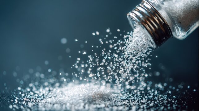 Salt shaker pouring white crystals with closeup, and food seasoning action.
