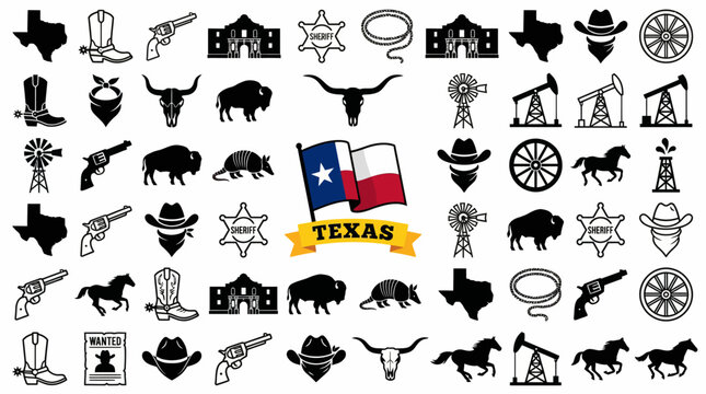 Comprehensive collection of Texas and Wild West themed silhouette icons, featuring the state flag, cowboy elements, and cultural symbols