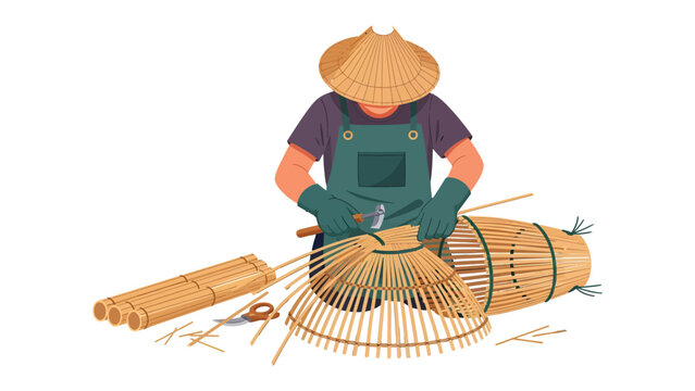 Crafting Tradition: A craftsman meticulously weaving bamboo and creating a traditional fish trap, demonstrating an art form passed through generations.