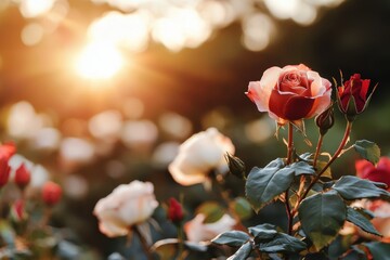 Obraz premium Rose garden sunset rose flower bloom petal bud red pink green garden nature plant stem leaf blossom floral outdoor evening sunlight warm soft blurred bokeh serene romantic fresh elegant delicate