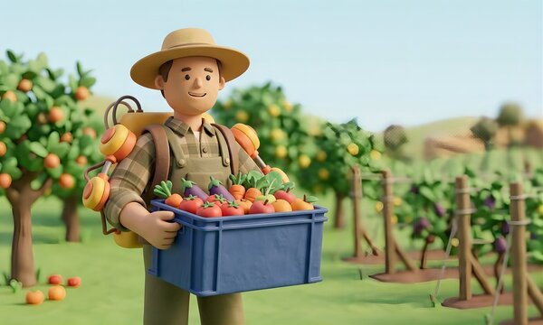 [3D] クレイアニメ風のアシストスーツを着て農作業をする農家（スマート農業・負担軽減）