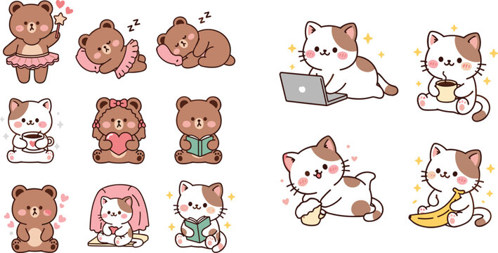 Kawaii bear and cat character collection featuring cute animals reading sleeping working on laptop and drinking coffee for digital planner stickers and nursery decorations.