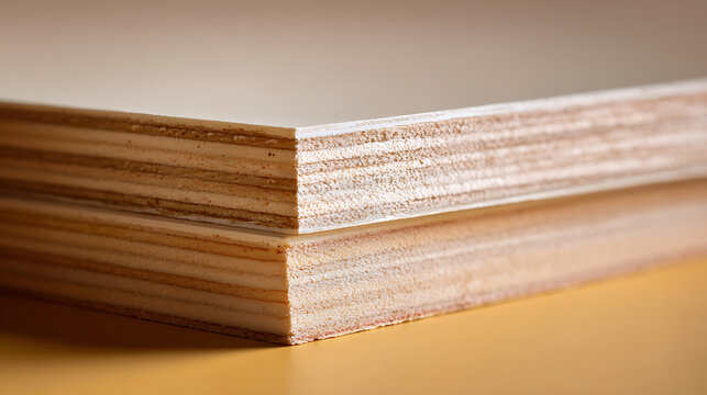 Close-up of stacked wooden sheets showcase the intricate layered texture and natural grain of the material on a warm background, perfect for design