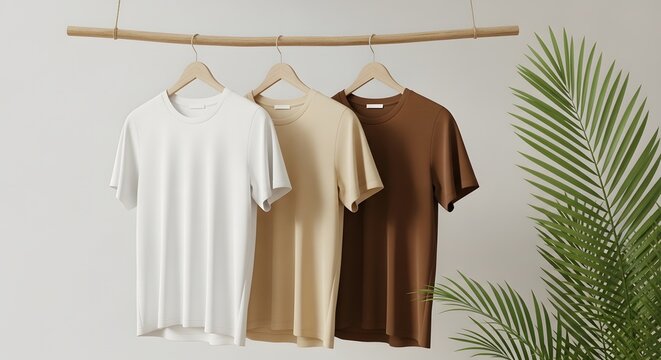 three short sleeve t shirts hanging on wooden hangers