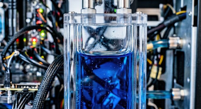 Close-up of a custom PC liquid cooling reservoir with vibrant blue fluid and intricate internal components