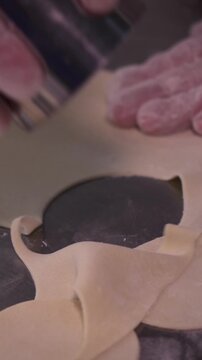 A woman cooks dumplings with meat filling. Vertical video.