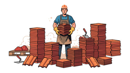 Building a Foundation: A skilled mason stands proudly amidst a collection of freshly laid bricks, symbolizing the art of construction and hard work. © Ajm