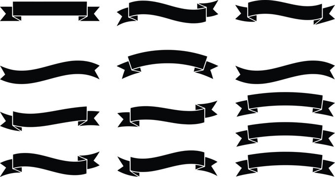 Black ribbon banners in various shapes and styles for graphic design