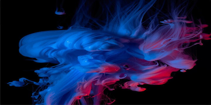 Abstract colorful smoke waves and flowing purple flames create a smooth swirl pattern with motion light against a dark black background design