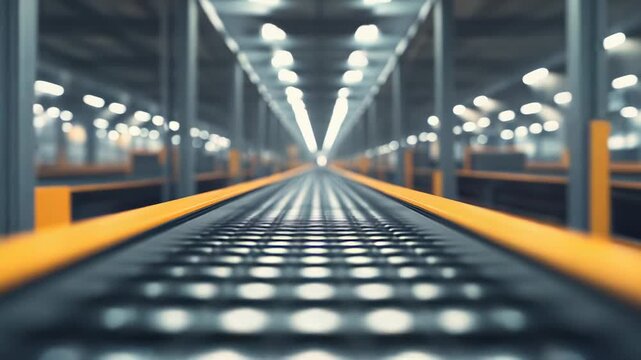 Automated conveyor roller system moving through a modern distribution warehouse, efficiently transporting products with advanced logistics technology in a large industrial setting