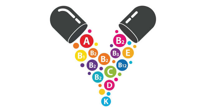 Vector illustration design of an opened capsule spilling colorful essential vitamins A, B, C, D, E, K, and others