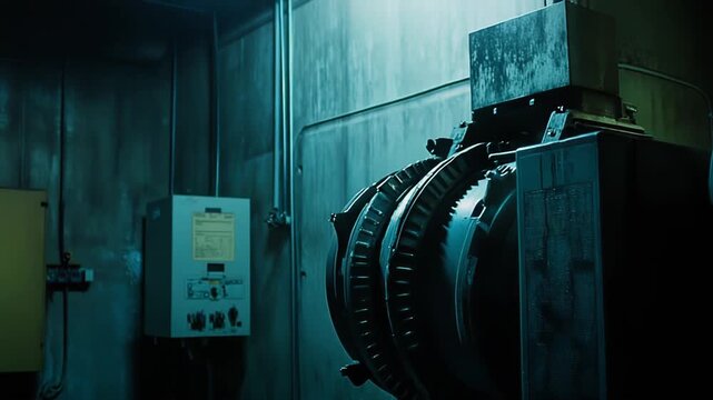 Large scale industrial generator turbine functioning within a gritty, dim metallic facility, powering an unknown mechanical process with a sense of technology and robust engineering
