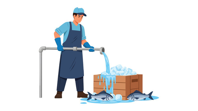 Seafood Preparation: A worker diligently washes and prepares a pile of fresh fish with a stream of water, showcasing precision and care in the seafood industry.