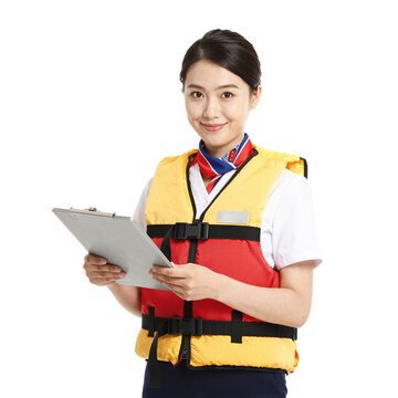 Flight Attendant Demonstrating Safety Instructions with Life Vest