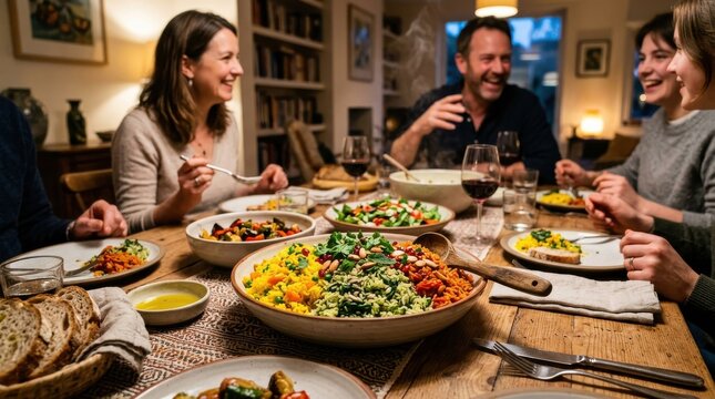 Happy friends enjoying dinner together in cozy home setting