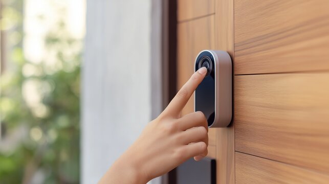 Close-up of a person pressing a smart doorbell button at a home entrance