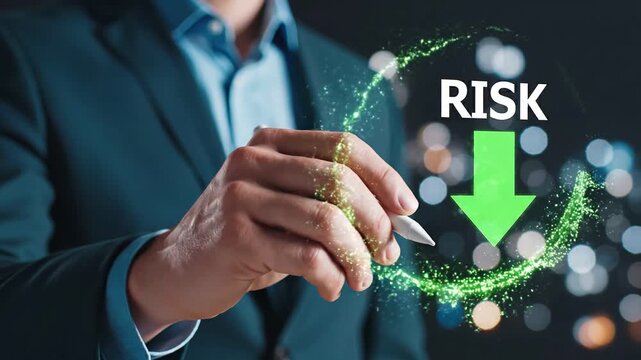 Businessman drawing a glowing green energy arrow around a virtual display showing the bold word RISK with a prominent downward pointing arrow symbol for strategy