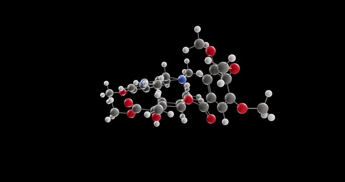 Reserpine molecule, rotating 3D model of antihypertensive agent, looped video on a black background
