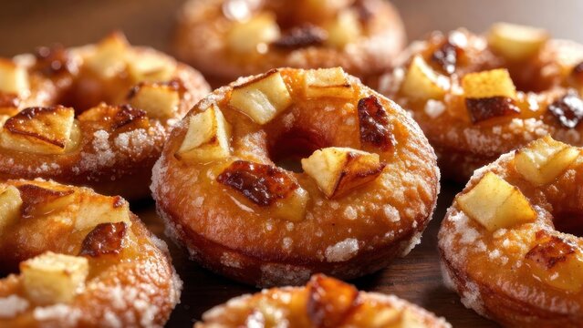 Golden donuts dusted with sugar and topped with caramelized pineapple chunks