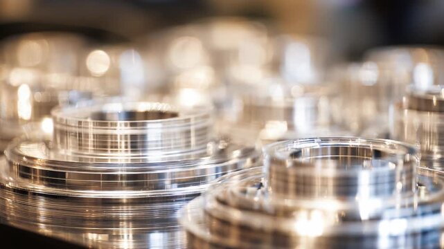Close up view of numerous circular metal components highlighting industrial production, modern technology, and the meticulous detail involved in high precision manufacturing processes