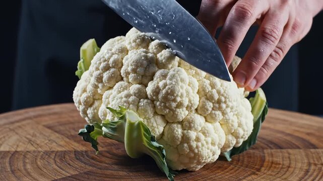 Close-Up of Hands Chopping a Fresh Cauliflower on a Wooden Cutting Board With a Knife