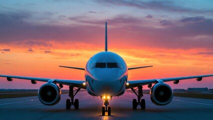 Naklejka premium Airplane stands bold on runway, glowing lights shine below