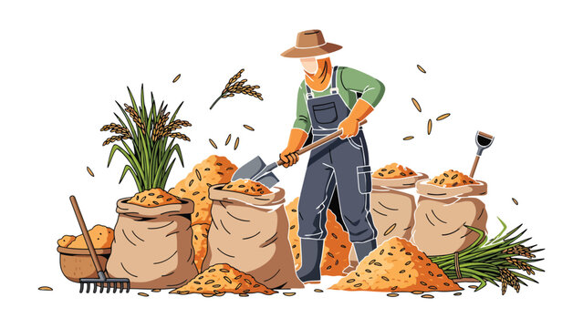 The Harvest Artisan: A skilled worker meticulously shovels freshly harvested grains into sacks, surrounded by piles of the golden bounty. This image symbolizes the essence of hard work, abundance.