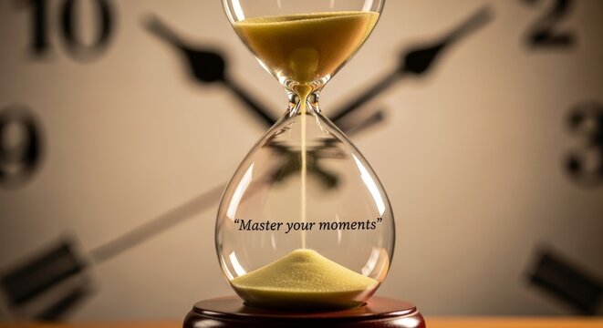Glass hourglass with sand flowing over clock background
