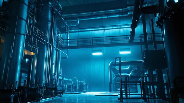 Industrial facility interior featuring complex engineering infrastructure with large pipes. Tanks. And structural elements. Illuminated by a cool blue light creating a reflective surface on the floor