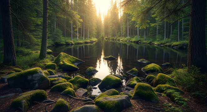 Mossy Rocks Beside Tranquil Forest Lake at Sunrise.