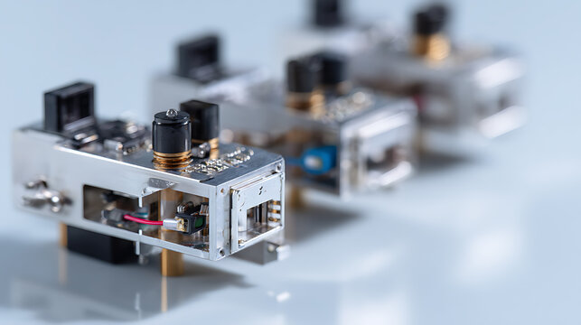 Precision electronic micro components showcase advanced technology, intricate design, and miniature engineering in a modern scientific setting, bright and clean