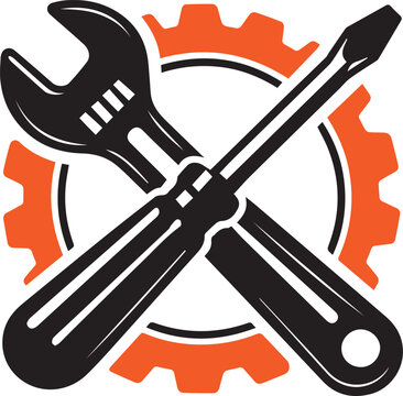 wrench and screwdriver Service and repair icons. Vector black logos with crossed tools. 