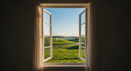 Fototapeta premium Open Window Revealing Scenic Landscape and Blue Sky