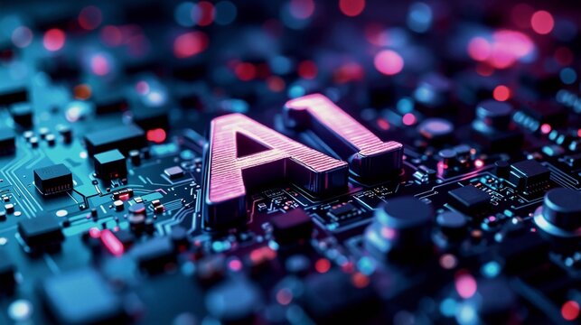 Illuminated AI letters embedded in a vibrant high‑tech circuit board, showcasing advanced computing, neon lighting, and the futuristic essence of artificial intelligence hardware.