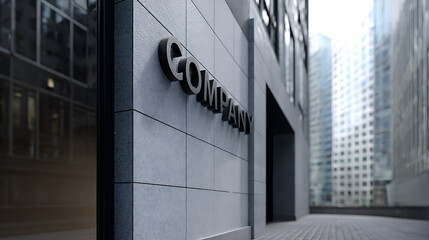 Fototapeta premium Modern Business Building Facade with Nameplate and Urban Skyscraper Background, Representing Commercial Enterprise and Corporate Architecture