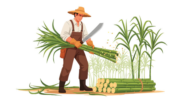 Sugarcane Harvest: A worker is harvesting sugarcane, carefully cutting stalks with a machete amidst a field of green sugarcane plants, a scene of agricultural work and manual labor.